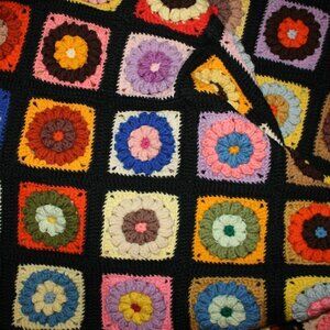 1960's 3D Flower Floral Afghan Granny Multicolor Crochet Blanket Handmade 62x78